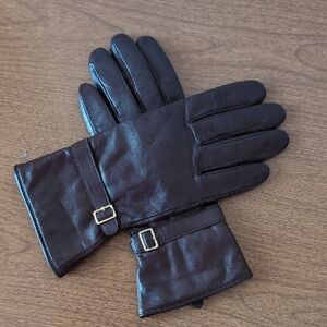 Cole Haan Leather Gloves, Chocolate Brown, Size Medium w/ Gold Buckle Accent